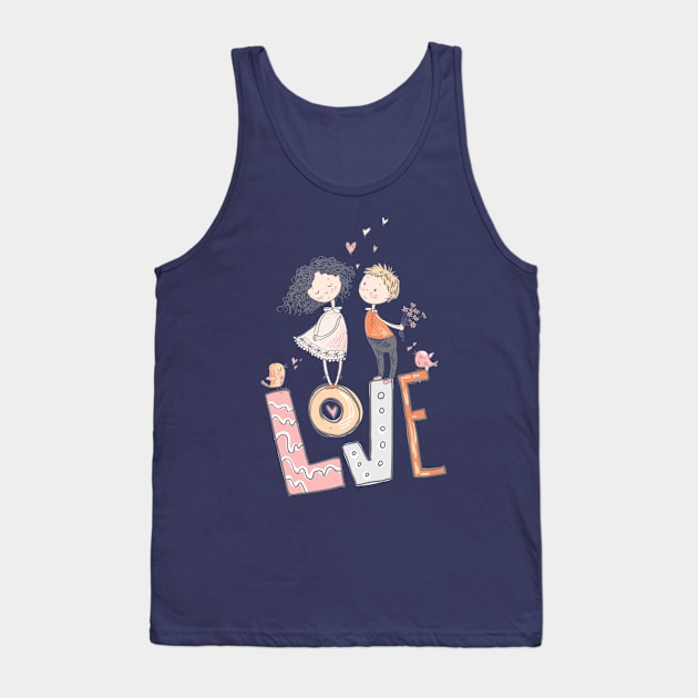 Big Love Cute Whimsically Drawn Girl and Boy Tank Top by Lucia